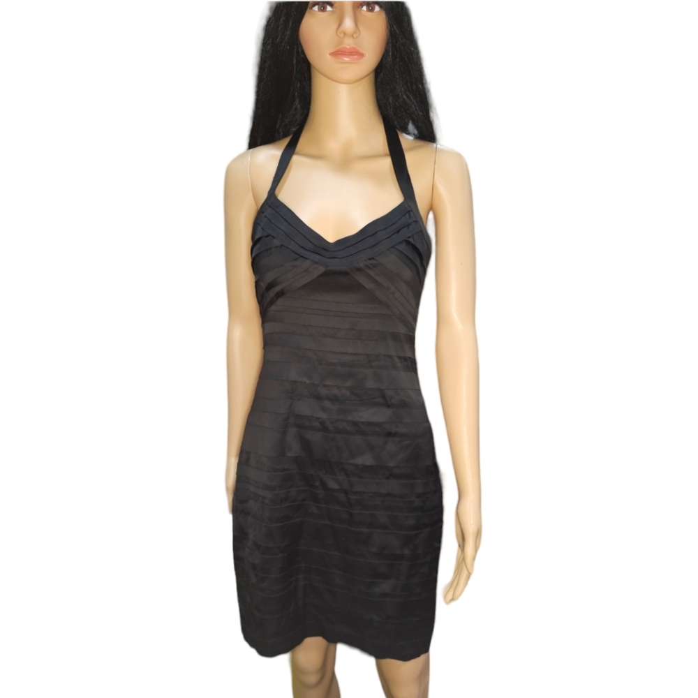 BCBG BLACK PANEL SATIN HALTER DRESS 6